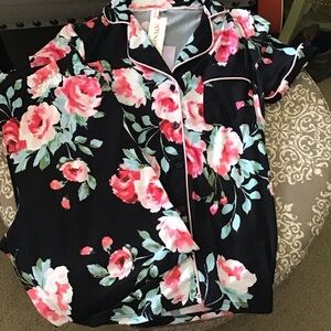 Women's Floral Button-Front Pajama Set - Black with Pink Roses